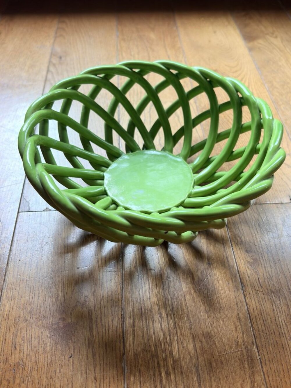 Green Glazed Ceramic Open-Weave Basket Bowl